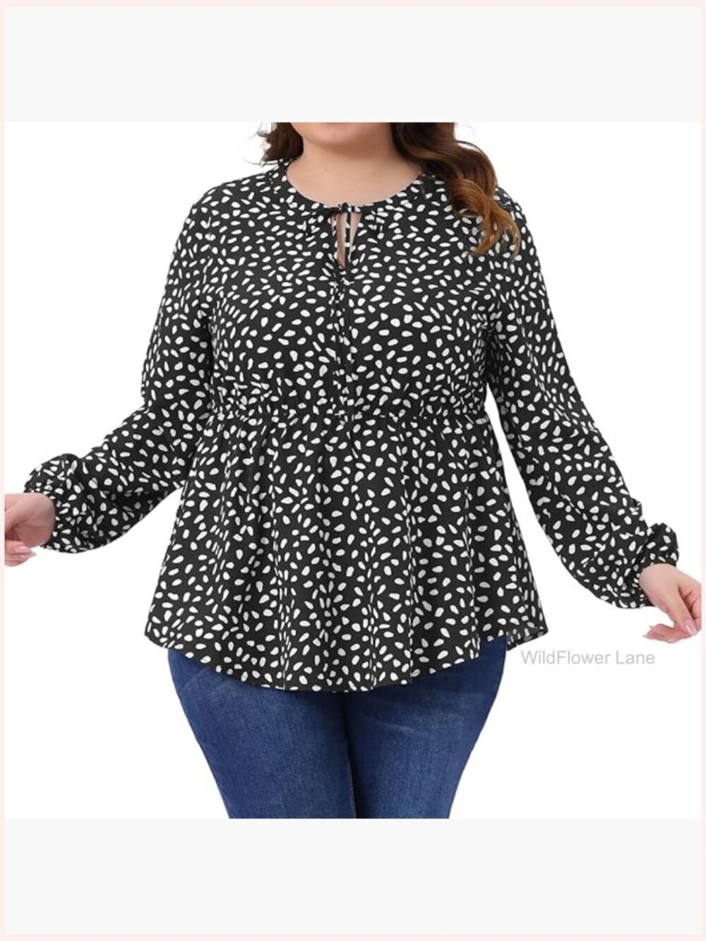 Plus Size Babydoll Top Polka Dot Tie Front Long Sleeve Blouse Flowy Peplum Tops